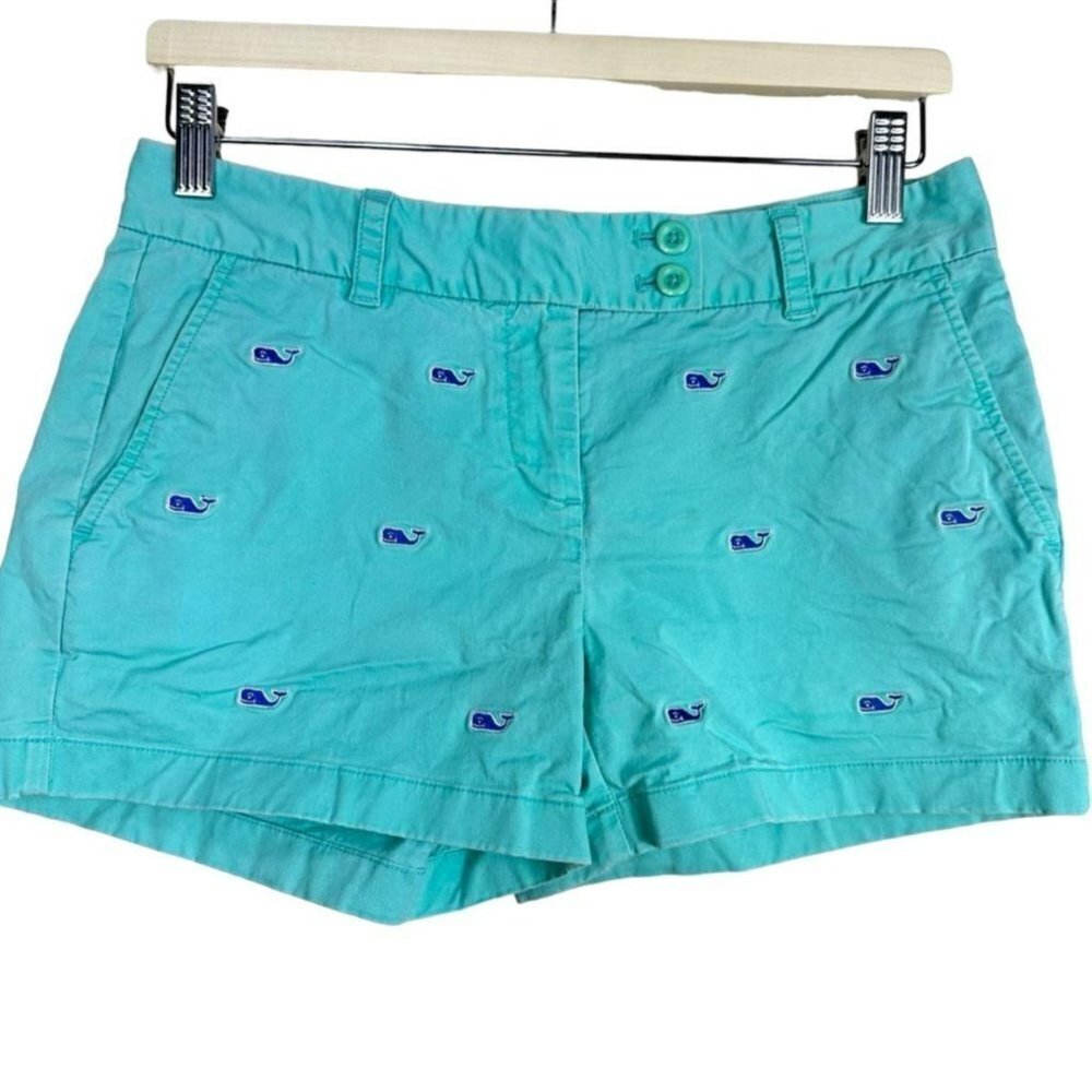 Vineyard Vines Women's Blue Green Aqua Whale Embroidered Washed Shorts Size 2‎